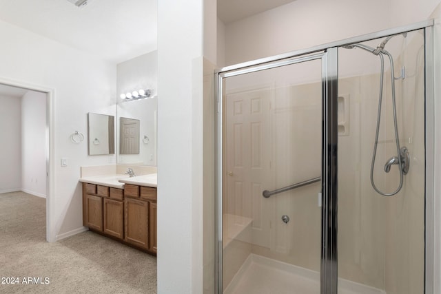 bathroom with vanity and a shower with shower door