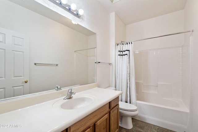 full bathroom with vanity, toilet, and shower / bathtub combination with curtain