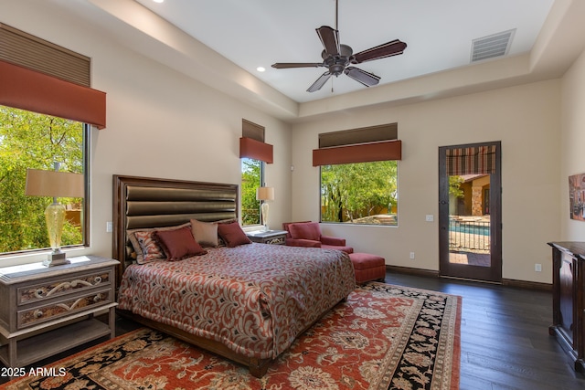 26156 N 88th Way, Scottsdale, AZ 85255 - bedroom with access to exterior, wood-type flooring, recessed lighting, baseboards, and a ceiling fan