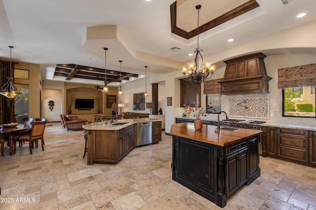 26156 N 88th Way, Scottsdale, AZ 85255 - kitchen featuring a center island with sink, butcher block countertops, open floor plan, dishwasher, and coffered ceiling