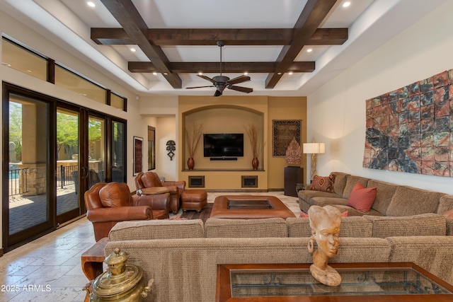26156 N 88th Way, Scottsdale, AZ 85255 - living room featuring coffered ceiling, beamed ceiling, a ceiling fan, stone tile flooring, and recessed lighting