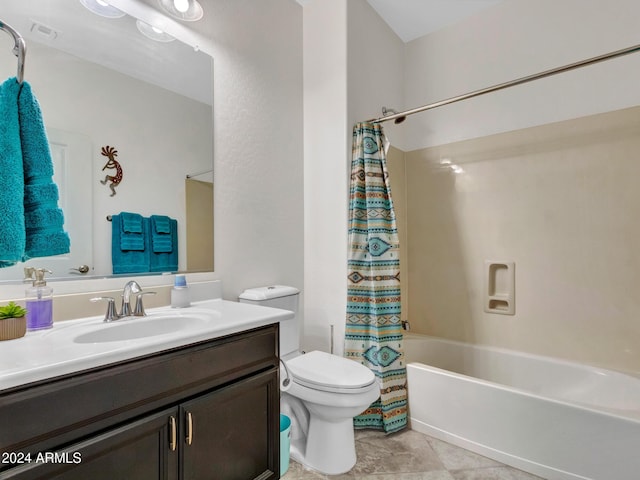 full bathroom with tile patterned flooring, vanity, toilet, and shower / bathtub combination with curtain