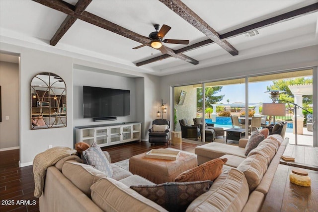 6788 S Jacqueline Way, Gilbert, AZ 85298 - living area with baseboards, coffered ceiling, beamed ceiling, ceiling fan, and wood finished floors