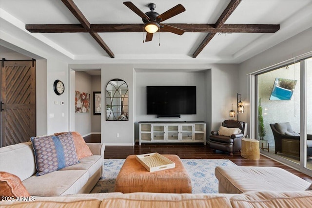 6788 S Jacqueline Way, Gilbert, AZ 85298 - living room with beamed ceiling, a ceiling fan, coffered ceiling, and a barn door
