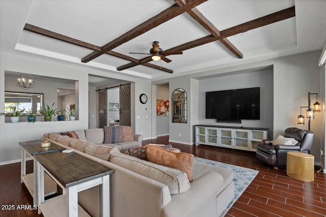 6788 S Jacqueline Way, Gilbert, AZ 85298 - living area with baseboards, a barn door, ceiling fan, dark wood-type flooring, and coffered ceiling