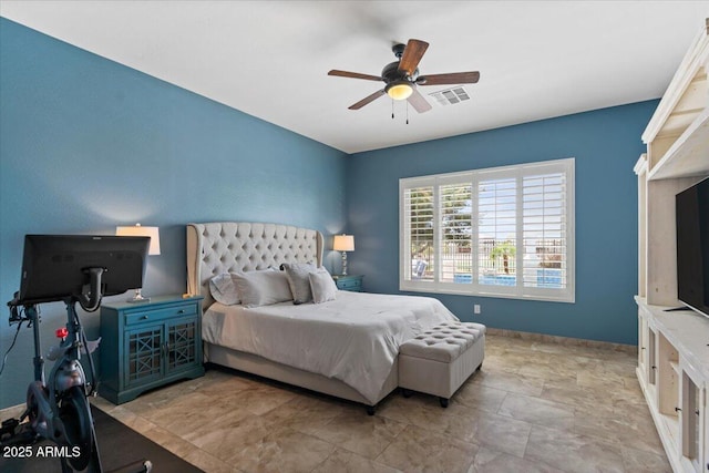 6788 S Jacqueline Way, Gilbert, AZ 85298 - bedroom featuring visible vents, baseboards, a ceiling fan, and stone finish flooring