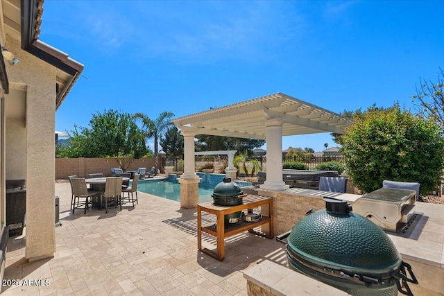 6788 S Jacqueline Way, Gilbert, AZ 85298 - view of patio / terrace with a pergola, a fenced in pool, a fenced backyard, and outdoor dining area