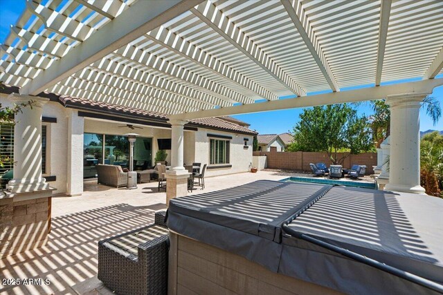 6788 S Jacqueline Way, Gilbert, AZ 85298 - view of patio / terrace with a fenced backyard, a pergola, ceiling fan, and outdoor dining area