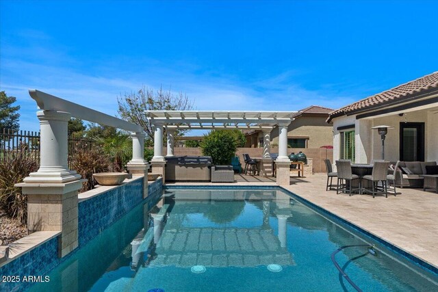 6788 S Jacqueline Way, Gilbert, AZ 85298 - view of swimming pool featuring a pergola, a patio area, outdoor dining area, fence, and a fenced in pool