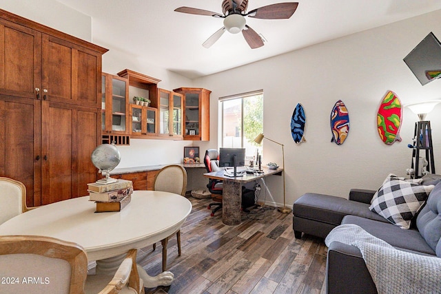 home office featuring dark wood-style floors and a ceiling fan