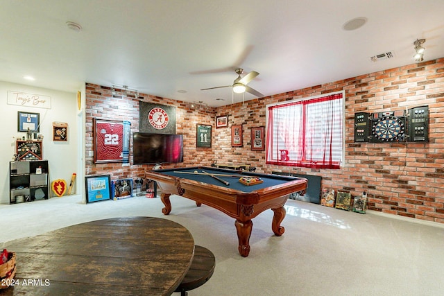 rec room featuring visible vents, brick wall, ceiling fan, pool table, and carpet floors