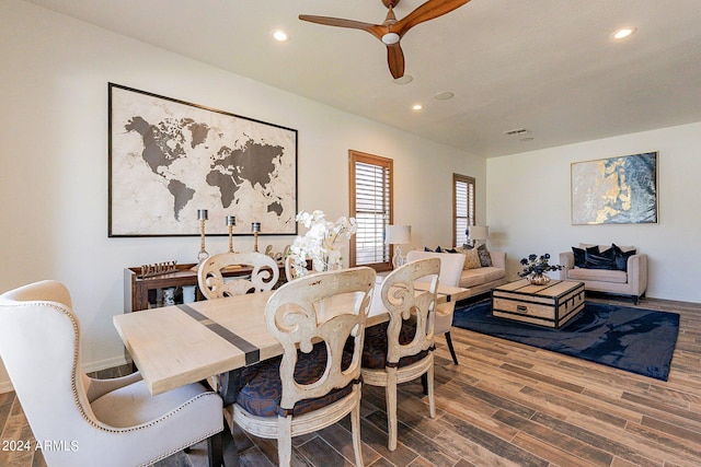 dining area featuring a ceiling fan, recessed lighting, and wood finished floors