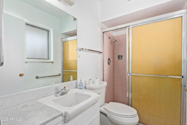 full bathroom featuring a shower stall, vanity, and toilet