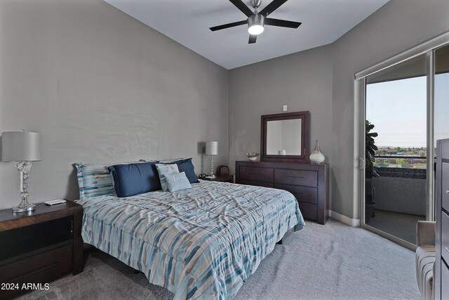 bedroom featuring ceiling fan, carpet flooring, and access to outside