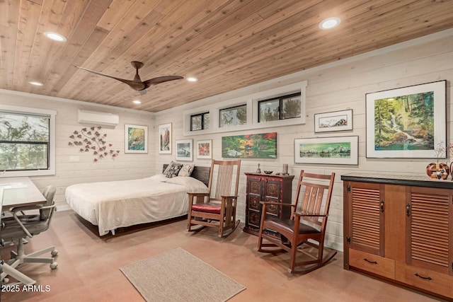 bedroom featuring an AC wall unit and wood ceiling