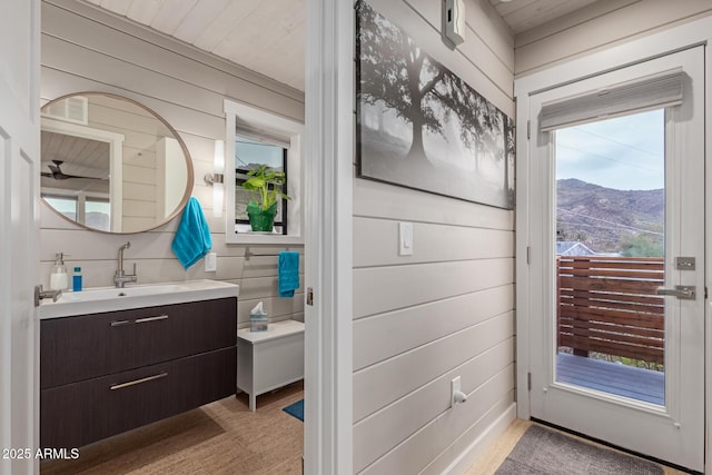 bathroom featuring vanity, wooden walls, and a mountain view