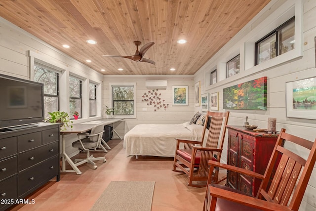 bedroom with crown molding, an AC wall unit, wooden ceiling, and wooden walls