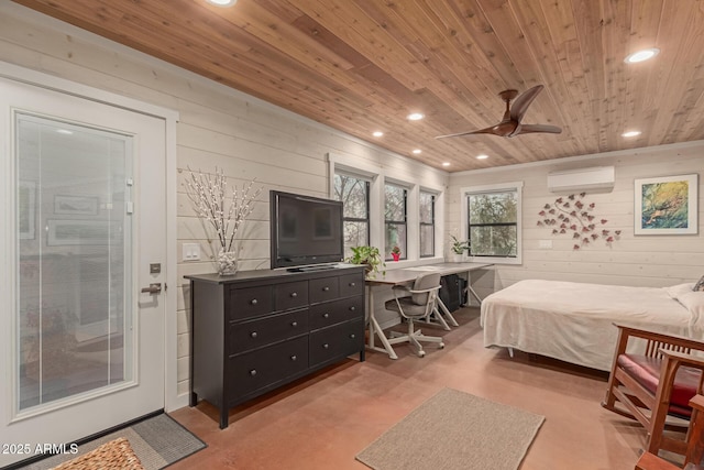 bedroom with an AC wall unit, wood ceiling, and wood walls