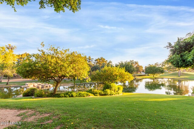 view of property's community with a lawn and a water view