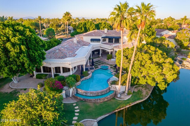 aerial view featuring a water view