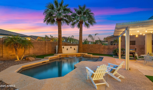 view of swimming pool with a fenced in pool, a fenced backyard, a grill, a pergola, and a patio