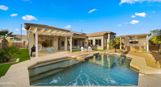 view of swimming pool featuring a patio area, a fenced in pool, and fence