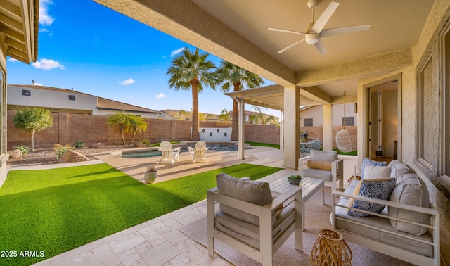 view of patio / terrace featuring an outdoor living space, a ceiling fan, a fenced backyard, and a fenced in pool