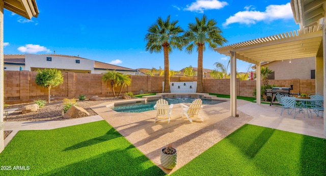 view of pool featuring a fenced in pool, outdoor dining area, a fenced backyard, a patio area, and a pergola