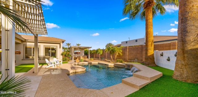 view of swimming pool featuring a patio, a fenced backyard, and a pergola