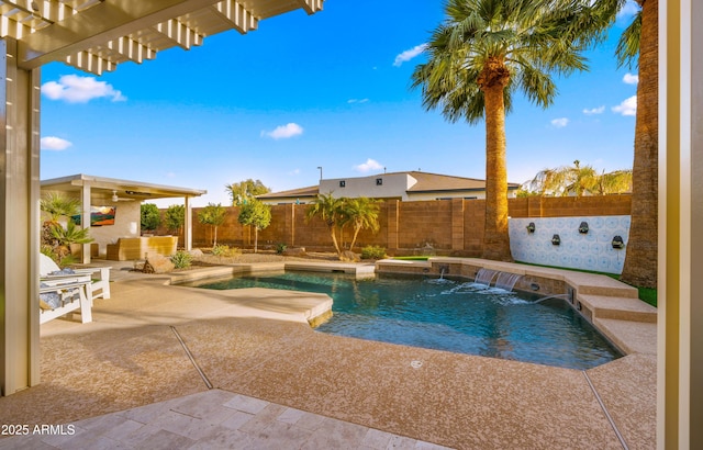 view of swimming pool featuring a fenced in pool, ceiling fan, a fenced backyard, a patio area, and a pergola