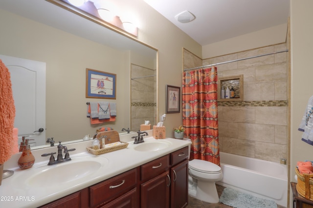 full bathroom with vanity, tile patterned floors, toilet, and shower / bath combo with shower curtain