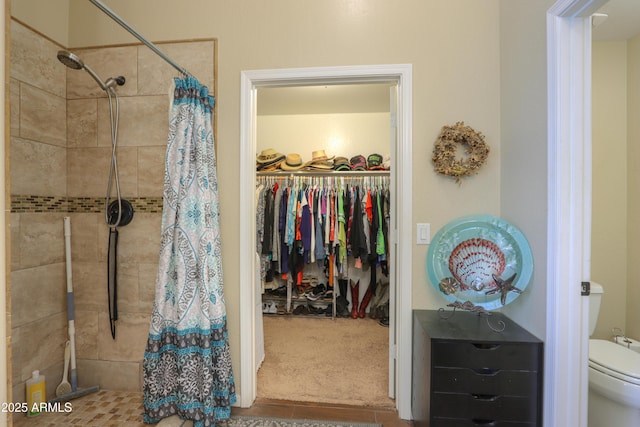 bathroom with a shower with curtain and toilet