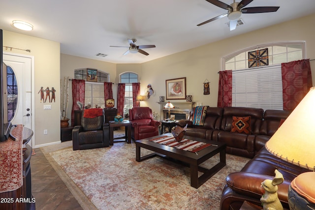 living room with ceiling fan