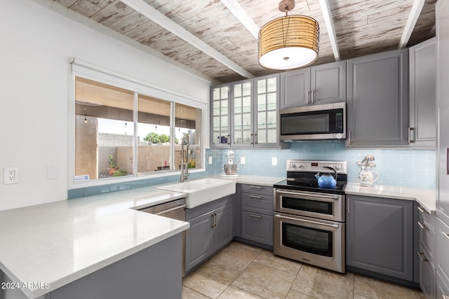 kitchen with stainless steel appliances, sink, kitchen peninsula, gray cabinetry, and decorative backsplash