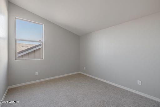 spare room with carpet floors and vaulted ceiling