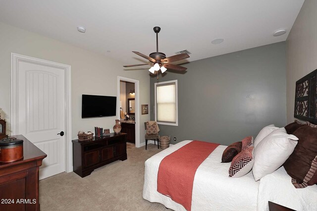 carpeted bedroom with ceiling fan