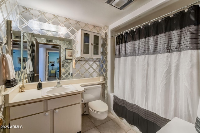 full bathroom with vanity, wallpapered walls, tile patterned flooring, and visible vents