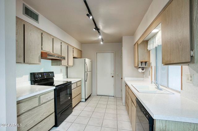 kitchen featuring black range with electric cooktop, sink, light brown cabinets, white refrigerator, and dishwasher