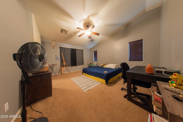 carpeted bedroom featuring visible vents, a ceiling fan, and vaulted ceiling