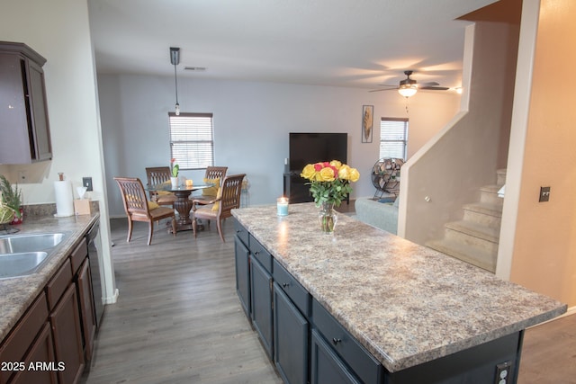 kitchen with light wood-style flooring, a ceiling fan, plenty of natural light, and a kitchen island