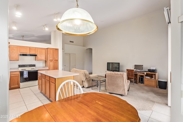 tiled dining space with high vaulted ceiling