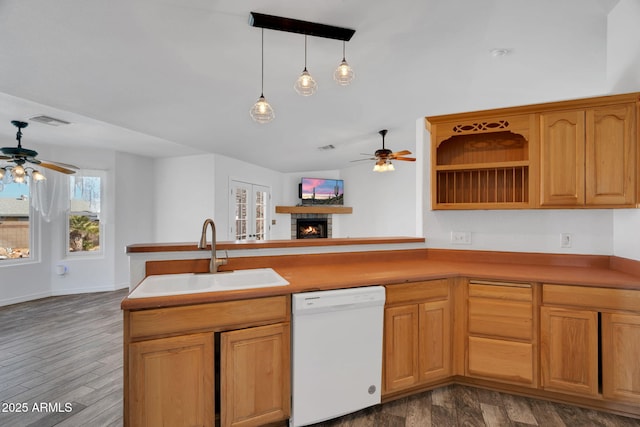 kitchen featuring pendant lighting, ceiling fan, dishwasher, and sink