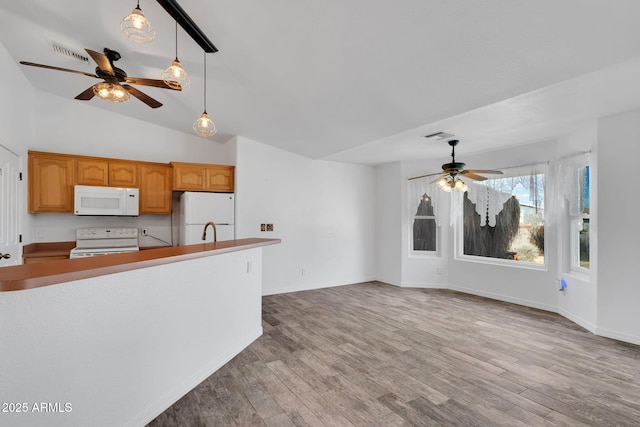 kitchen with wood-type flooring, pendant lighting, ceiling fan, and white appliances