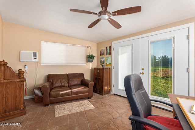 office area featuring a wall unit AC, ceiling fan, and french doors