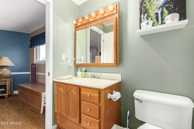 bathroom with wood-type flooring, vanity, and toilet