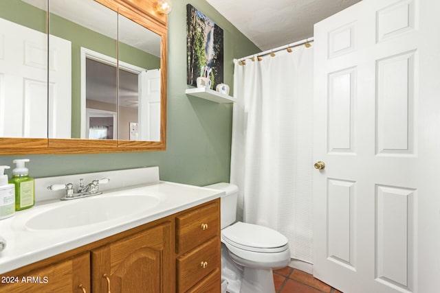 bathroom with tile patterned flooring, walk in shower, vanity, and toilet