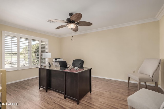 office with ceiling fan, light hardwood / wood-style floors, and ornamental molding