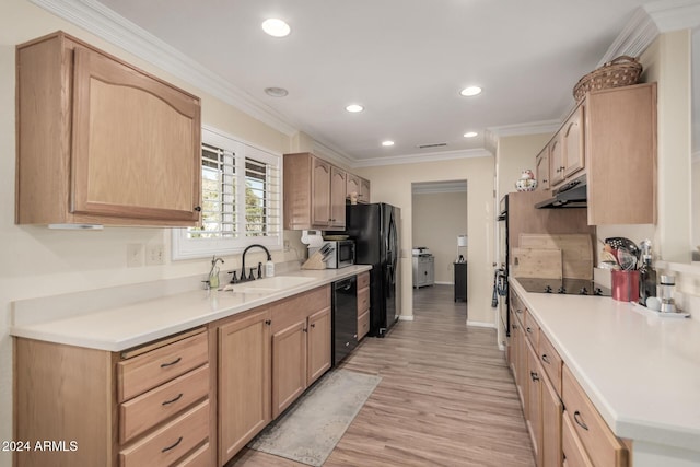 kitchen with crown molding, black appliances, sink, light brown cabinets, and light hardwood / wood-style flooring