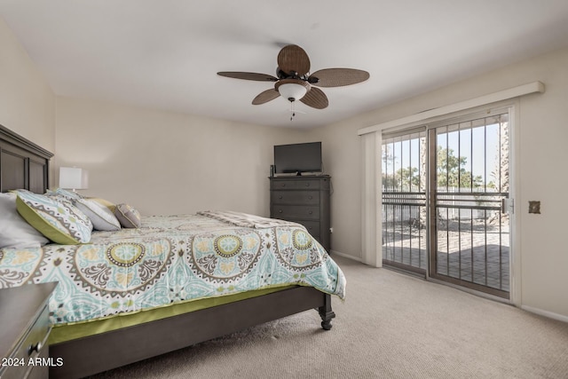 carpeted bedroom featuring access to outside and ceiling fan