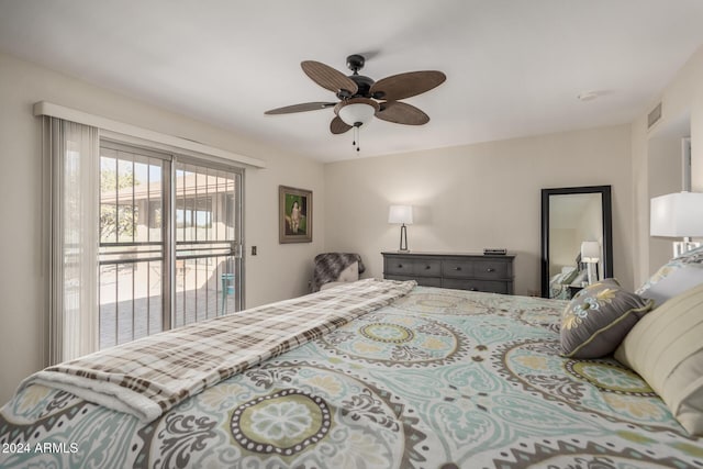 bedroom with ceiling fan and access to outside